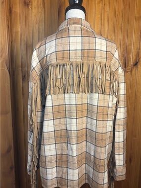 Flying Tomato Beige & Cream Plaid Fringe Jacket, size Medium